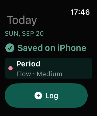 Cyli on Apple Watch showing a saved period log